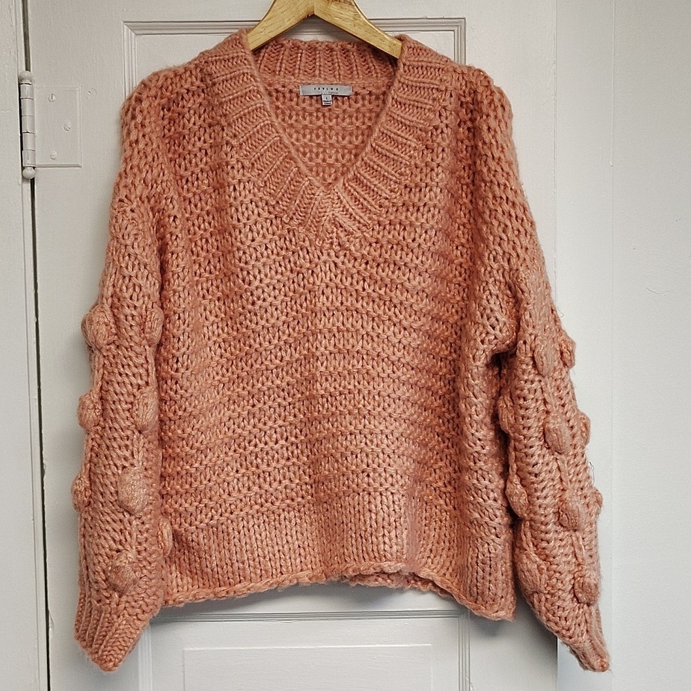 Favlux Knit Sweater Size Large Pink Balloon Sleeve V Neck Relaxed Fit
